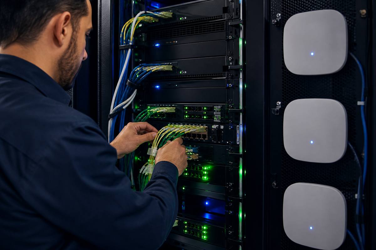Tecnico al lavoro su rete in fibra ottica